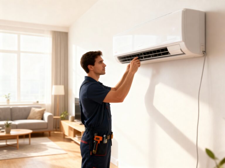 Technicien installant une climatisation murale dans un salon