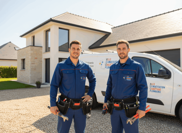 Techniciens en plomberie devant maison moderne